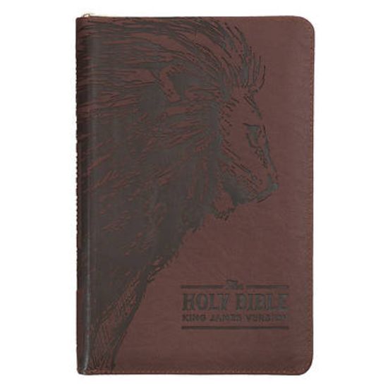 Picture of KJV Holy Bible, Standard Size Faux Leather Red Letter Edition - Thumb Index & Ribbon Marker, King James Version, Brown Lion Zipper Closure